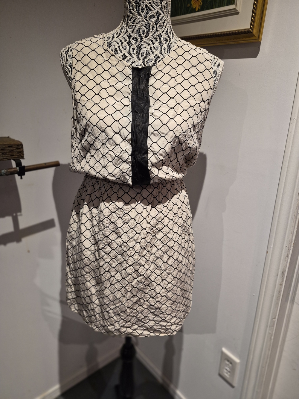 Barneys New York 100% Silk Cream Mini Dress with Black Geometric Grid